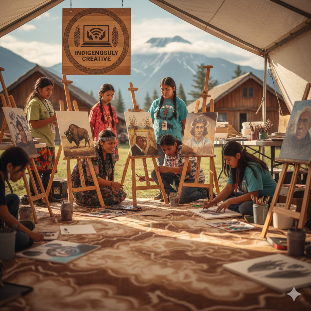 Indigenous Students participating in a painting class held on their reservation