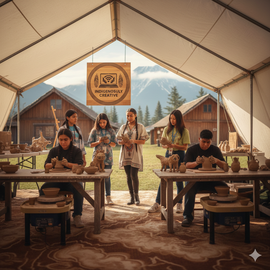 Indigenous Students participating in a sculpting and pottery class held on their reservation