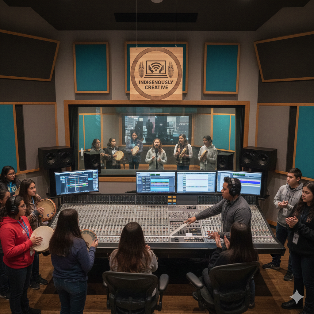Indigenous Students participating in a Professional Recording Studio Workshop Trip that they travelled to a nearby city from their reservation