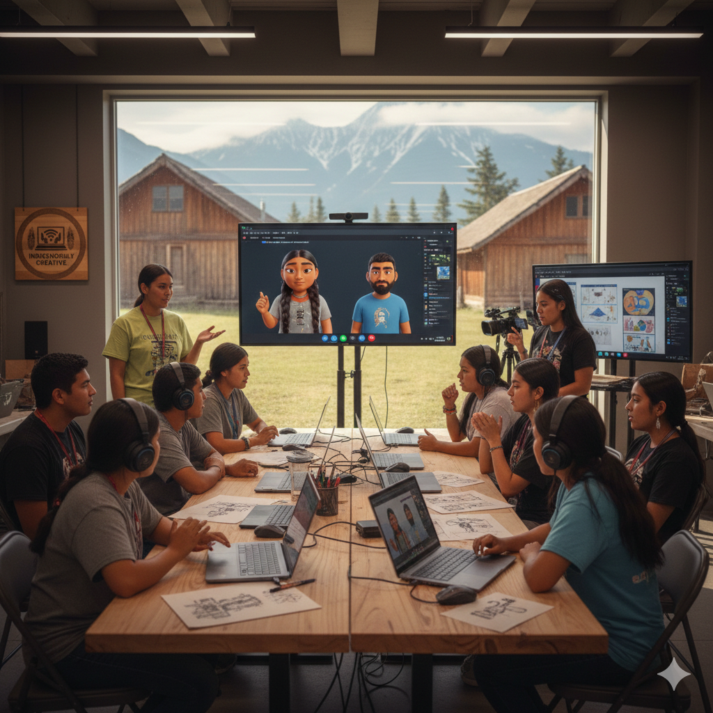 Indigenous Students participating in a virtual 3D Animation class video-conferenced to their reservation